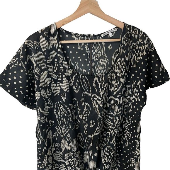 Collective Concepts Blouse Size Small Black Tan Chiffon Sheer Tie Front Boxy Fit - Picture 2 of 5